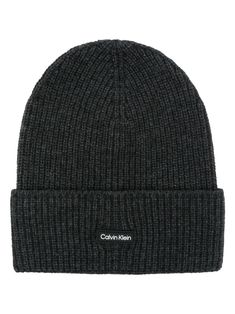 dark grey wool blend knitted construction ribbed knit mélange effect logo patch to the front turn-up hem pull-on style Grey Beanie, Patch Logo, Dark Grey, Ribbed Knit, Wool Blend, Accessories Hats, Calvin Klein, Mens Accessories, Wool