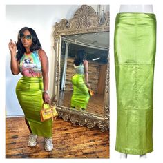 95%Polyester 5%Spandex Back Zipper Back Split Great Stretch M 10” L 12” Xl 14” Xxl 16” Green Leopard Print Pleated Skirt, Green Metallic Skirt, Plus Size Baddies Skirts, Casual Green Bottoms For Club, Casual Satin Skirt For Party, Satin Party Skirt, Chic Green Skirt For Club, Fitted Green Bottoms For Club, Green Fitted Skirt For Club