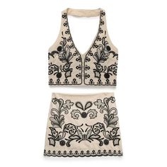 Floral Embroidery Halter Crop Top and Mini Skirt Set – Golden Atelier Embroidery Collar, Female Sleeve, Festival Outfits Rave, Sweater Bags, Mini Skirt Set, Outfits Rave, Rave Outfit, Short Models, Sleeveless Dresses