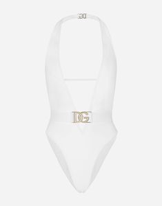 Plunging V-neck on the front and a straight back Removable belt with DG logo Matching PVC pouch Made in Italy White And Gold Swimsuit, White Swimsuit Outfit, Look Coutry, Belted Swimsuit, Gold Swimsuit, Luxury Swimsuits, Leopard Print Swimsuit, Sea Clothes, Colorblock Swimsuit