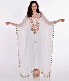 "Beach Kaftan, Caftan Dress, Embroidered Kaftan This is an adorable floral caftan . Various colors available This soft viscose georgette caftan feels very soft and drapes your figure beautifuly . It has a neckline beautifully embellished with small crystals and beads interwoven with floral threadwork embroidery which makes it truly exclusive ! Wear it as a coverup, for casual wear, as a beach maxi dress or for beach weddings . This listing is in viscose georgette . This dress is NOT sheer Fabric Threadwork Embroidery, Long White Maxi Dress, Summer Kaftan, Long Kaftan Dress, Bridesmaid Kimono, Long Black Maxi Dress, Beach Wedding Bridesmaids, Embroidered Kaftan, Beach Kaftan