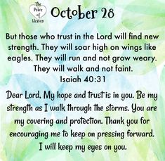 a green and blue watercolor background with the words october 28