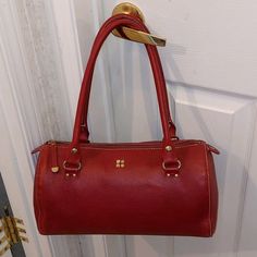 Red Leather Shoulder/Tote Like A Barrel/Boston Style Bag With Silver Accessories In Excellent Used Condition With Normal Wear Like Rubs No Major Flaws. Check All Photos.. Boston Style, Bags Kate Spade, Laptop Tote, Kate Spade Totes, Picnic Bag, Zipper Tote Bag, Nylon Tote, Medium Tote, Silver Accessories