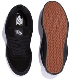 Bring back the ultra phat skate school in the second highest demanded color- monochrome Black. The Vans Knu Skool Black/Black has a extreme puff tongue and collar, 3D molded side stripe adding an extra layer of depth, heel pull to help get them on faster and the signature waffle sole. Van Color, All Black Shoes, Black Vans, Fire Fits, Shoe Inspiration, Shoe Inspo, Vans Black, Swag Shoes, Shoe Closet