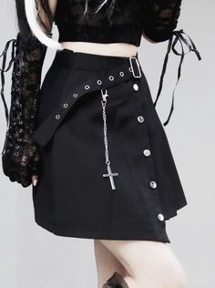 ❤Cross-strap Asymmetrical Pleated Wrap Skirt❤ Gothic Black Bottoms With Asymmetrical Hem, Black Irregular Skirt For Party, Gothic Party Bottoms With Asymmetrical Hem, Black Fitted Skirt With Irregular Shape, Gothic Black Bottoms With Belt, Gothic Black Asymmetrical Skirt, Edgy Black Asymmetrical Mini Skirt, Punk Mini Skirt With Belt, Black Asymmetrical Skirt With Belt Loops