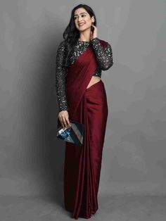 Best Saree Looks, Party Wear Sarees Designer With Price, Maroon Saree Look, Maroon Satin Saree, Graduation Saree, Sari Party Wear, Velvet Saree, Saree Jackets, Maroon Saree