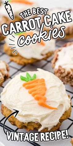 carrot cake cookies with cream cheese frosting on a cooling rack and the words vintage recipe below it