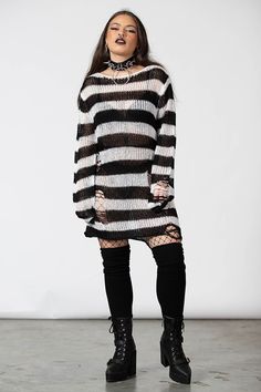 EMO. - Luxe Soft Knit.- Contrast Stripe.- Long-Length Shape.- Distressed Detailing + Back.- Relaxed Fit. Model with long hair is 5ft 6 and wears a size S. Model with short hair is 6ft 3 and wears a size L. Wash Cold - Gentle Cycle. with KILLSTAR Branding, 100% Acrylic. Fall Open Knit Sweater Dress, Striped Long Sleeve Open Knit Sweater, Striped Open Knit Long Sleeve Sweater, Open Knit Sweater Dress For Fall, Edgy Fitted Knit Sweater, Fitted Knit Edgy Sweater, Model With Long Hair, Alternative Accessories, Short Hair Model