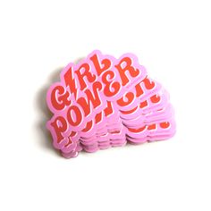 a pink sticker with the words power out in red letters on it's side