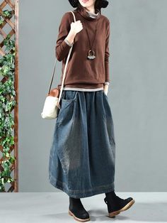 Split-joint Denim Skirt Bottom High Waist Cotton Denim Skirt For Winter, Dark Wash Denim Skirt For Fall, Winter High Waist Denim Skirt With Pockets, High Waist Denim Skirt With Pockets For Winter, Fall Dark Wash Denim Skirt, Winter Denim Skirt With Pockets, Dark Wash Skirt For Fall, Non-stretch Dark Wash Skirt For Fall, Denim Blue Skirt With Pockets For Fall