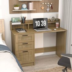 a bedroom with a desk, bed and shelves on the wall above it that says 39 off