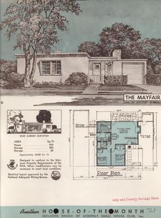 an old house with plans for the front and side of it, in black and white