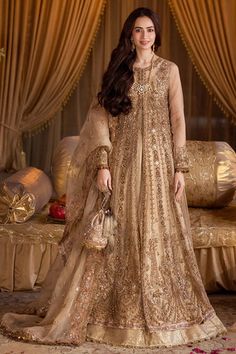 Pakistani Wedding Dress in Gold Open Gown Lehenga Style is a stunning attire adorned with Lavish designs and Hand-crafted embellishments. Custom sizes. Gown Lehenga, Pakistani Bridal Dress, Pakistani Wedding Dress, Pakistani Wedding Outfits, Lehenga Style, Couture Bridal, Pakistani Bridal Dresses, Embellished Gown, Pakistani Wedding Dresses