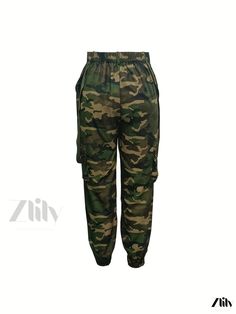 Zlily - Womens Y2K Camouflage Cargo Pants featuring Casual High Waist and Baggy Fit Green Baggy Combat Bottoms, Camouflage Sweatpants With Pockets For Streetwear, Camouflage Pants With Side Pockets For Spring, Spring Camouflage Pants With Side Pockets, Camouflage Pants With Elastic Waistband For Streetwear, Casual Camouflage Pants With Multiple Pockets, Casual Camouflage Parachute Pants With Side Pockets, Spring Camouflage Full-length Cargo Pants, Camouflage Bottoms For Outdoor Spring Activities