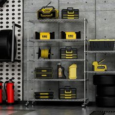 there are many tools on the shelves in this garage