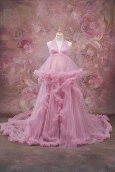 Pink one-shoulder mesh maternity dress shown in front of a floral backdrop Pink Maternity Photoshoot, Pink Maternity Gown, Pregnancy Gown, Gown Aesthetic, Maternity Photoshoot Dress, Maternity Dress For Photoshoot, Gifts For Pregnant Wife, Tulle Maternity Dress, Lingerie Nightgown