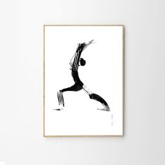 a black and white drawing of a person doing yoga in front of a white wall