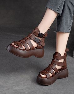 Side Buckle Breathable Platform Strappy Sandals — Obiono Brown Wedge Sandals With Round Toe For Summer, Brown Closed Toe Wedge Sandals For Summer, Brown Round Toe Wedge Sandals For Summer, Summer Brown Closed Toe Wedge Sandals, Brown Toe Post Wedge Sandals For Spring, Spring Toe Post T-strap Sandals With Platform, Brown Flat T-strap Sandals For Summer, Brown Round Toe Sandals For Summer, Brown Slingback Sandals With Buckle Closure For Summer