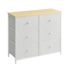 a white dresser with wooden top and drawers