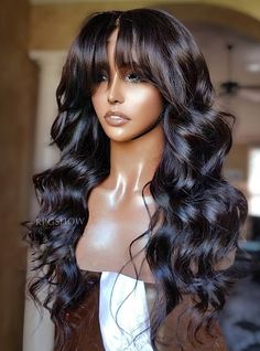 Natural Wavy Curtain Bang Human hair Lace Front Wigs - WigzbyCharise001 Weave With Curtain Bangs, Frontal Wig With Bangs, Long Human Hair Wigs, Virgin Hair Wigs, Body Wave Wig, Wig With Bangs, Front Lace Wigs Human Hair, Human Hair Lace Wigs, Hair Density