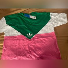 Pink/Green/White Adidas Shirt. L/Xl Pink Color Block Relaxed Fit Tops, Pink Relaxed Fit Color Block Tops, Spring Green Color Block Shirt, Pink Color Block Tops With Relaxed Fit, Adidas Multicolor Short Sleeve Tops, Sporty Multicolor Adidas Tops, Adidas Sporty Multicolor Tops, Pink Color Block Crew Neck Top, White Color Block Short Sleeve Shirt