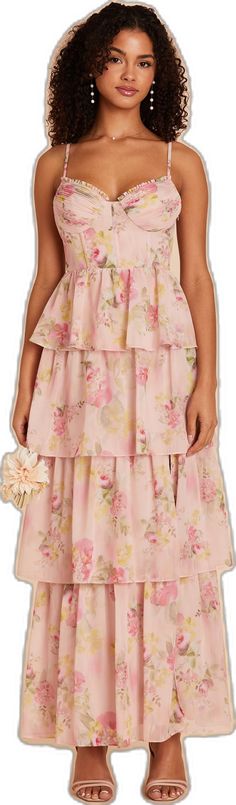 Pink Chiffon Midi Dress With Ruffles, Feminine Chiffon Floral Dress With Ruffles, Feminine Floral Chiffon Dress With Ruffles, Tiered Chiffon Floral Dress With Floral Print, Elegant Pink Chiffon Floral Dress, Pink Flowy Chiffon Dress, Elegant Pink Floral Dress For Garden Party, Feminine Chiffon Maxi Dress, Pink Feminine Chiffon Dress