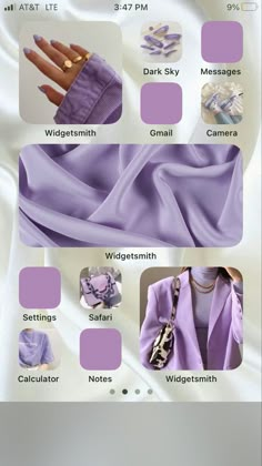 the purple color scheme is shown with different colors and sizes for each item in this image