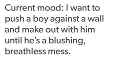 the text reads, current mood i want to push a boy against a wall and make out with him until he's a bushing,