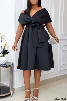 Olivia Mark - Elegant A-line Dresses with Solid Bandage Patchwork and V-neck design for Black Celebrities Bow Fashion, Line Dresses, Vestido Plus Size, A Line Dresses, High Waist Fashion, Black Evening Dresses, Midi Dress Party, Vestido Casual, Fashion Design Clothes