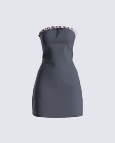 Let them know you mean business in this grey strapless mini dress 🖤 Made from stretch suiting fabric and complete with a strapless style, and pink ruffles at the top opening for a classy feel - this dress is giving “sweet, but will put you in your place” 💅 Flirty Mini Dress With Ruffles And Straight Neckline, Evening Mini Dress With Ruffles And Straight Neckline, Straight Neckline Mini Dress With Ruffles For Date Night, Ruffled Mini Dress With Straight Neckline For Date Night, Straight Neckline Mini Dress With Ruffles For Cocktail, Date Night Mini Dress With Ruffles And Straight Neckline, Cocktail Mini Dress With Ruffles And Straight Neckline, Party Mini Dress With Ruffled Straps And Lining, Party Mini Dress With Ruffled Straps