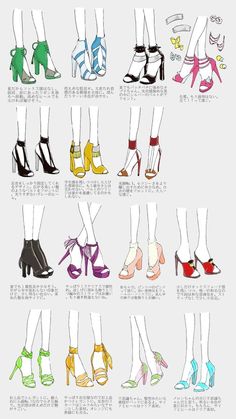 the different types of high heeled shoes are shown in this chart, with each shoe color