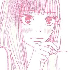 a drawing of a girl with long hair and glasses looking at the camera while holding her hand to her face