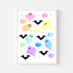 a card with halloween ghostes and bats on it, in pastel colors against a white background