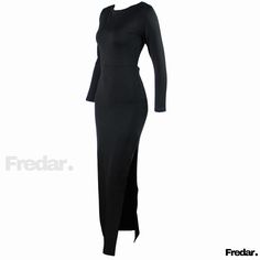 Fredar - Elegant Open Back and Asymmetric Long-Sleeve Floor-Length Dress Spring Long Sleeve Maxi Dress With Side Slits, Chic Asymmetrical Long Sleeve Bodycon Dress, Fitted Long Sleeve Asymmetrical Dress, Elegant Long Sleeve Bodycon Asymmetrical Dress, Fitted Long Sleeve Asymmetrical Dress In Solid Color, Chic Long Sleeve Asymmetrical Dress For Night Out, Spring Asymmetrical Long Sleeve Dress For Date Night, Long Bodycon Evening Dress For Spring, Long Spring Evening Bodycon Dress