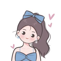 a cartoon girl wearing a blue dress with a big bow on her head and earrings