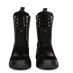 Make a head-turning statement as you wear this pair of black leather handcrafted lace up biker boots from SaintG. Featuring lace-up front with front zippers, comes with a slip-resistant handmade eva biker sole which ensures that you do not slip or fall on any surface. These boots consist of a round toe design, stitched welt a soft leather lining and padded leather insole. the laceup closure and leather pull up tab completes the design. Brand Name - SaintG Closure - Zipper Upper - Leather Lining Edgy High-top Combat Boots With Laces, Edgy Leather Lace-up Mid-calf Boots, Streetwear Lace-up Combat Boots With Zipper, Lace-up Combat Boots With Zipper For Streetwear, Edgy Lace-up Leather Moto Boots, Black High-top Moto Boots With Zipper, Biker Style Lace-up Leather Combat Boots, Black High-top Lace-up Boots With Zipper, Punk Style Leather Platform Boots With Zipper