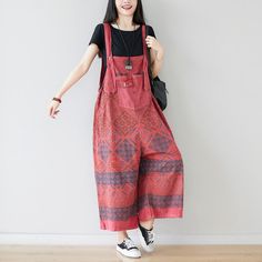 Retro Ethic Printed Loose Strapped Pants Red Cotton Hippie Pants, Red Non-stretch Casual Harem Pants, Red Wide-leg Summer Harem Pants, Red Ankle-length Cotton Harem Pants, Red Cotton Full-length Harem Pants, Hooded Dress, Vest Shirt, Spring Summer Dress, Down Coat