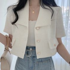 Short Sleeve Nothced Slim Blazer Shirt – Nada Outfit Land Beige Collared Top With Pockets, Beige Collar Tops With Pockets, White Short Sleeve Outerwear For Summer, Fitted White Tops With Pockets, White Fitted Tops With Pockets, Fesyen Korea, Mode Mantel, Pakaian Feminin, Pastel Outfit