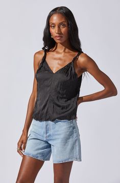 Plisse V-neck tank top Twisted strap detail All over pleating 100% Polyester Dry clean only Style #AT18335 Astr The Label, V Neck Tank Top, Designer Clothes For Men, Comfortable Dress, Toddler Girl Outfits, Textured Fabric, Women's Summer Fashion, Sweater Skirt, V Neck Tops