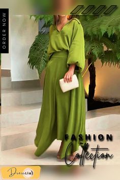 Summer New Loose Solid Color Long-sleeved Top High-waisted Half-length Suit Vintage Dress Chic Green Solid Color Sets, Casual Spring Maxi Dress With Batwing Sleeves, Spring Casual Maxi Dress With Batwing Sleeve, Solid Two-piece Dresses For Spring, Green Maxi Length Set For Spring, Layers And Bangs, Suit Vintage, Haircuts For Curly Hair, Curly Hair With Bangs