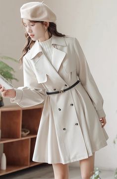 Vanilla Bean Trench Coat (Off-White) Flared Skirt, Winter Fashion Outfits, Balloon Sleeves, Vanilla Bean, Flare Skirt