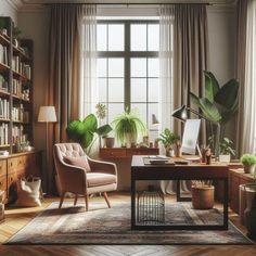 a living room filled with furniture and lots of plants on the window sill next to a desk