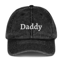 Daddy Hat (Embroidered Vintage Cotton Twill Cap) Baseball Cap, Gift for Dad, Father's Day Gift. Everybody knows that dad caps are no longer just for dads, so get an embroidered cotton twill cap for yourself! This one's really special thanks to the intricate embroidery detail and the washed out vintage feel. * 100% cotton twill * 6-panel unstructured cap with a low profile * 6 sewn eyelets * Black sweatband * Metal snap buckle with an antique brass finish * Washed-out vintage effect Vintage Baseball Hats, Survivor Gift, Mom Hats, Denim Hat, Dad Caps, Embroidered Hats, Vintage Baseball, Special Thanks, Embroidery Details