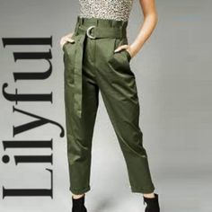 These Pants Are Very Cute And Well Made. New With Tags. Chic Green Cargo Pants For Fall, Belted Ankle-length Pants For Fall, Fall Belted Ankle-length Pants, Fall Season Belted Ankle-length Pants, Fall Ankle-length Belted Pants, Trendy Belted Trousers, Chic Green Pants With Belt Loops, Belted High-waisted Pants For Fall, Trendy Belted Straight Pants