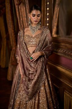 This lehenga set features intricate embroidery in sequin, bead and crystal on a deep mustard tissue organza base. The elbow sleeve blouse has tassels at sleeve hem and waist and is paired with a contrasting maroon tissue dupatta with matching heavy embroidery.From Seema Gujral's Falaknuma collection. DELIVERY TIMEPlease allow 8-12 weeks for your outfit to arrive. FABRIC DETAILSTissue Organza Professional cleaning only. Rust Brown Outfit, Tissue Lehenga, Elbow Sleeve Blouse, Tissue Dupatta, Heavy Embroidery, Intricate Embroidery, 12 Weeks, Elbow Sleeve, Professional Cleaning