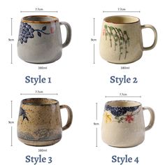 four different types of coffee mugs are shown in this image, with the names below them