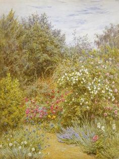 a painting of flowers and trees in a garden