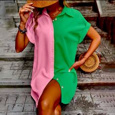 Color Block Pink And Green Button Front Shirt Sleeve Shirt. New Never Worn. Made Of Soft Flowing Fabric. Flowing Fabric, Green Button, Button Front Shirt, Shirt Sleeves, Pink And Green, Color Block, Pink Ladies, Sleeve Shirt, Colorful Dresses