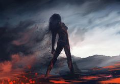 a woman standing in the middle of a fire with her arms outstretched and legs spread wide