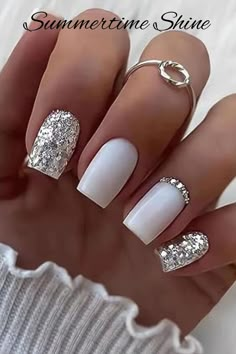 Enhance Your Style with Square White Press-on Nails: Medium-sized, these fake nails feature stunning silvery glitter designs, are made from high-quality acrylic.  Glossy full cover nails provide a flawless finish. Adorned with rhinestones designs, they elevate your manicure game. Step up your nail game with Square White Press-on Nails and make a lasting impression. Fall Nails Wedding, Rhinestones Designs, Nails For Women, Nail Designs Glitter, New Year's Nails, Bridal Nails, Stick On Nails, Fancy Nails, Short Acrylic Nails